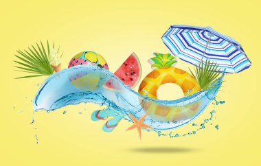 Yaz kreatif kolajı plaj malzemeleri ve su sarı arka planda havaya sıçrıyor.