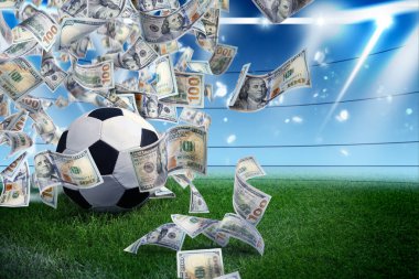 Futbol topu para altında stadyuma yağmur yağıyor.