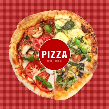 Kırmızı kareli arka planda farklı pizzaların karışımı. Metniniz için boşluk içeren el ilanı ya da poster tasarımı