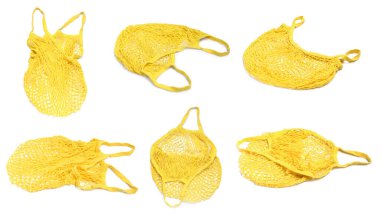 Sarı iplik çantalı kolaj beyaza izole edildi