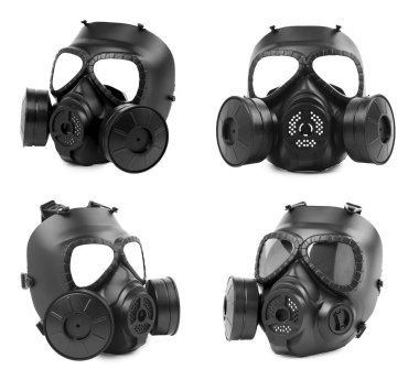 Siyah gaz maskesi beyaza izole edilmiş, kolaj