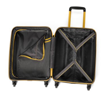 Boş bavulu aç, beyaz, üst görünümde tek başına seyahat etmek için.