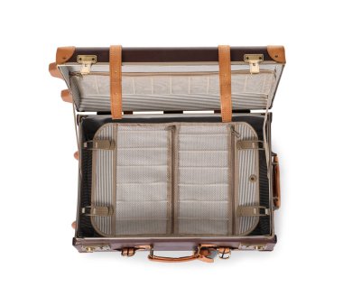 Boş bavulu aç, beyaz, üst görünümde tek başına seyahat etmek için.