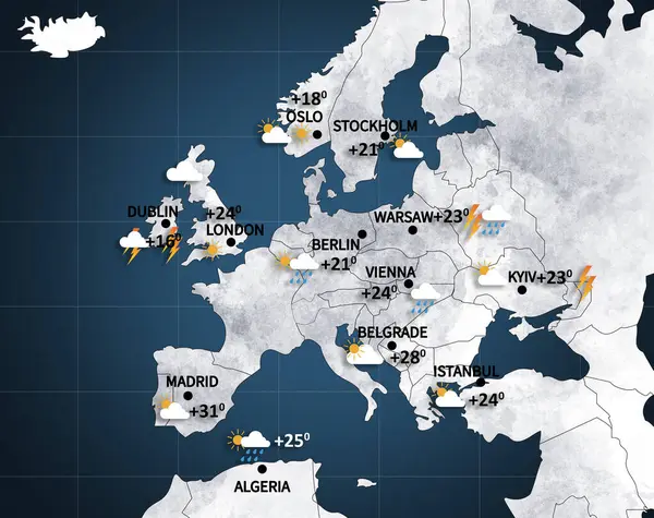 stock image Weather forecast shown on map of Europe. illustration with city names, temperature data and weather condition icons