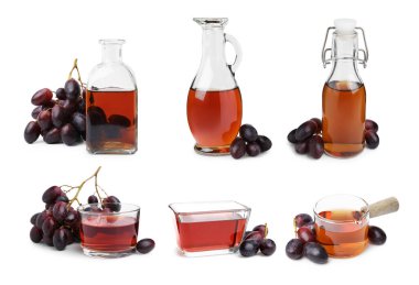 Şarap sirkesi ve taze üzümler beyaz sette izole edilmiş.