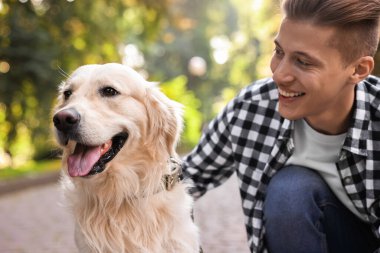 Güzel Golden Retriever köpeği olan mutlu bir sahibin portresi.