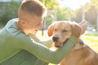 Güneşli bir günde sevimli köpeğiyle parkta genç bir adam.