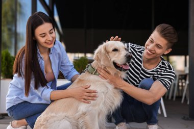 Mutlu çift dışarıda sevimli Golden Retriever köpeğini okşuyor.