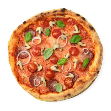 Salamlı, domatesli, mantarlı ve fesleğenli leziz pizza.