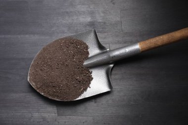 Siyah ahşap masa üzerinde toprak olan metal kürek, üst manzara.