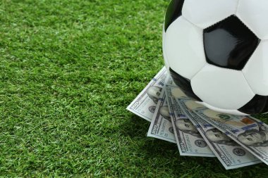 Yeşil çimlerin üzerinde futbol topu ve dolar banknotları açık havada, metin için boşluk