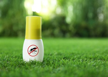 Yeşil çimlerin üzerine sivrisinek spreyi, mesaj için boşluk. Böcek kovucu