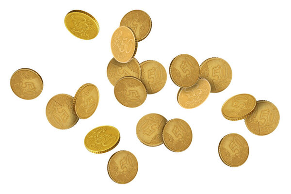 Евро монеты в воздухе на белом фоне