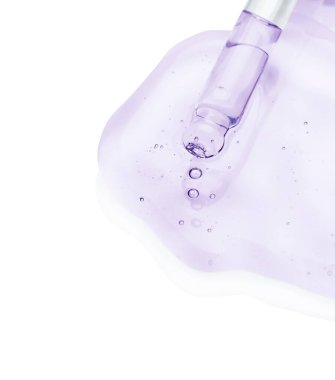 Dropper with violet cosmetic oil on white background