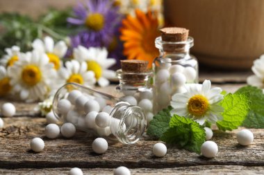 Homeopatik tedavi. Bir sürü hap, şişe ve papatya çiçekleri ahşap masada, yakın plan.
