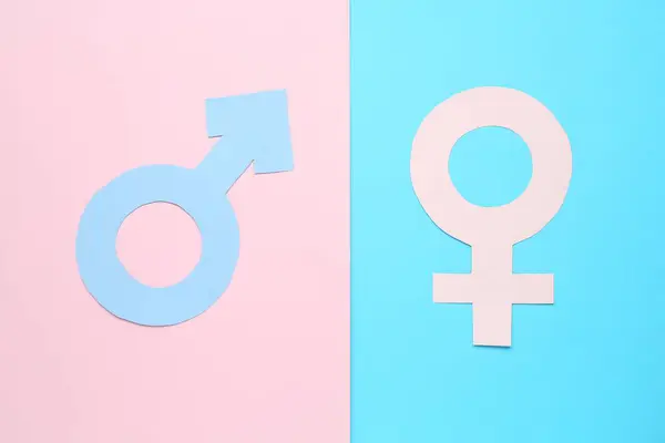 stock image Gender equality concept. Male and female symbols on color background, flat lay