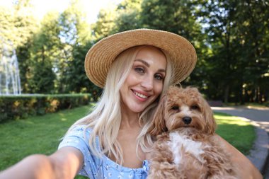 Güzel genç bir kadın parkta sevimli bir köpekle selfie çekiyor.