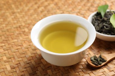 Yeşil çayı fincanda, kaşıkta ve yapraklarda tazeliyorum.