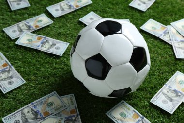Yeşil çimlerin üzerinde futbol topu ve dolar banknotları