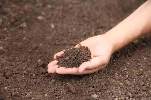 Woman holding pile of soil outdoors, closeup. Space for text