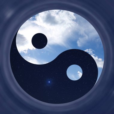 Gece gündüz gökyüzünün içinde Yin ve Yang sembolü