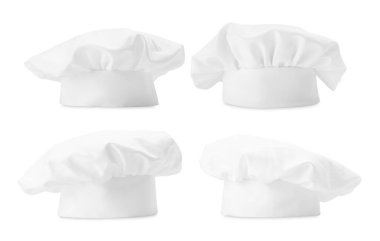 Şef şapkası beyaza izole edilmiş, kolaj. Üniforma