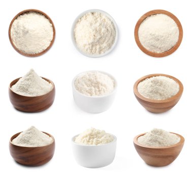 Beyaz, üst ve yan görünümlerde izole edilmiş kâselerde hindistan cevizi unu kolajı