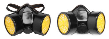 Değiştirilebilir filtreli solunum cihazı beyaza izole edildi, kolaj