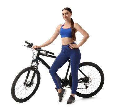 Bisikletli gülümseyen kadın beyazda yalnız.