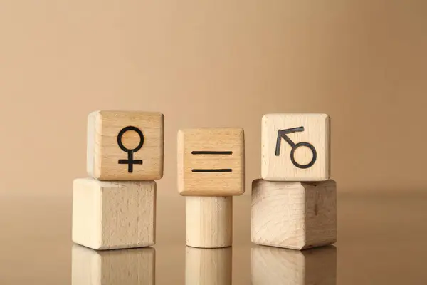 stock image Gender equality concept. Cubes with male and female symbols on beige background