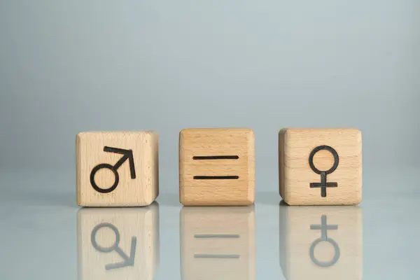 stock image Gender equality concept. Cubes with male and female symbols on grey background