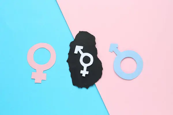 stock image Gender equality concept. Male and female symbols on color background, flat lay