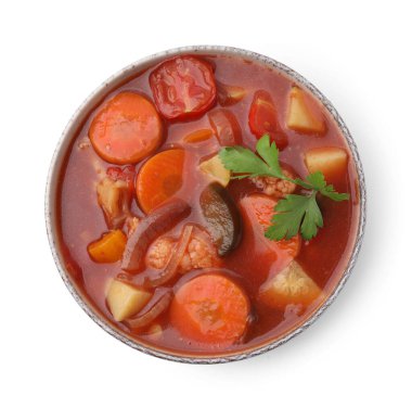 Tabakta nefis ev yapımı güveç, beyaz, üst görünümde izole.