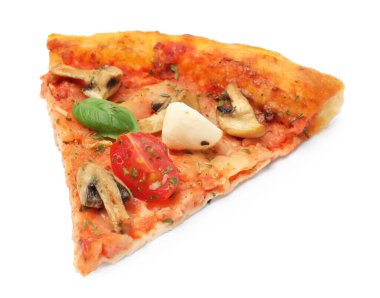 Fesleğenli, mantarlı, mozarella ve domatesli lezzetli bir pizza.