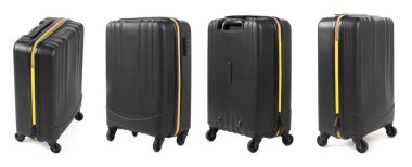 Beyaz arka planda siyah bavul seti, farklı taraflardan görünüm