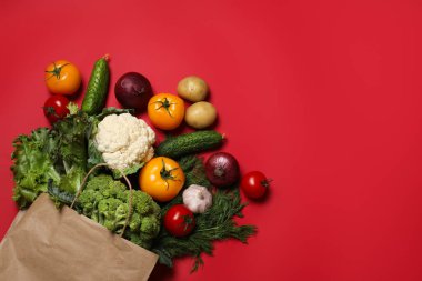 Vejetaryen ürünlerin teslimatı. Kırmızı arka planda farklı sebzeli çanta, üst manzara.