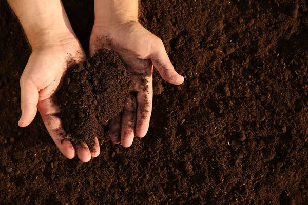 Man holding pile of soil outdoors, top view. Space for text