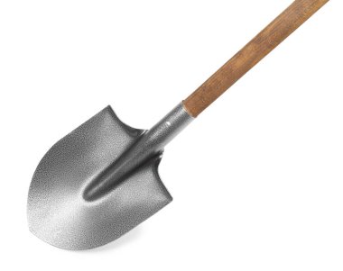 Tahta saplı metal kürek beyaza izole edilmiş, üst manzara