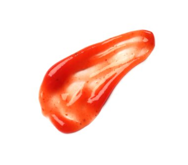 Lezzetli ketçap beyaza izole edilmiş, üst manzara. Domates sosu.