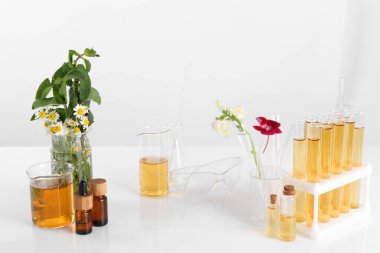 Aromaterapi ürünü. Laboratuvardaki beyaz masanın üzerinde gerekli yağ ve malzemelerle dolu cam eşyalar.