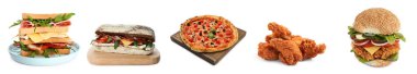 Beyaz arka planda farklı lezzetli fast food kolajı