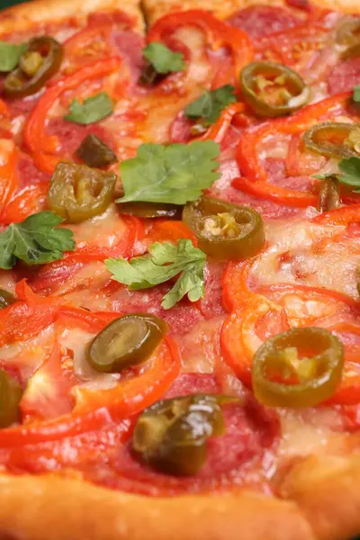 stock image Delicious hot pizza Diablo as background, closeup