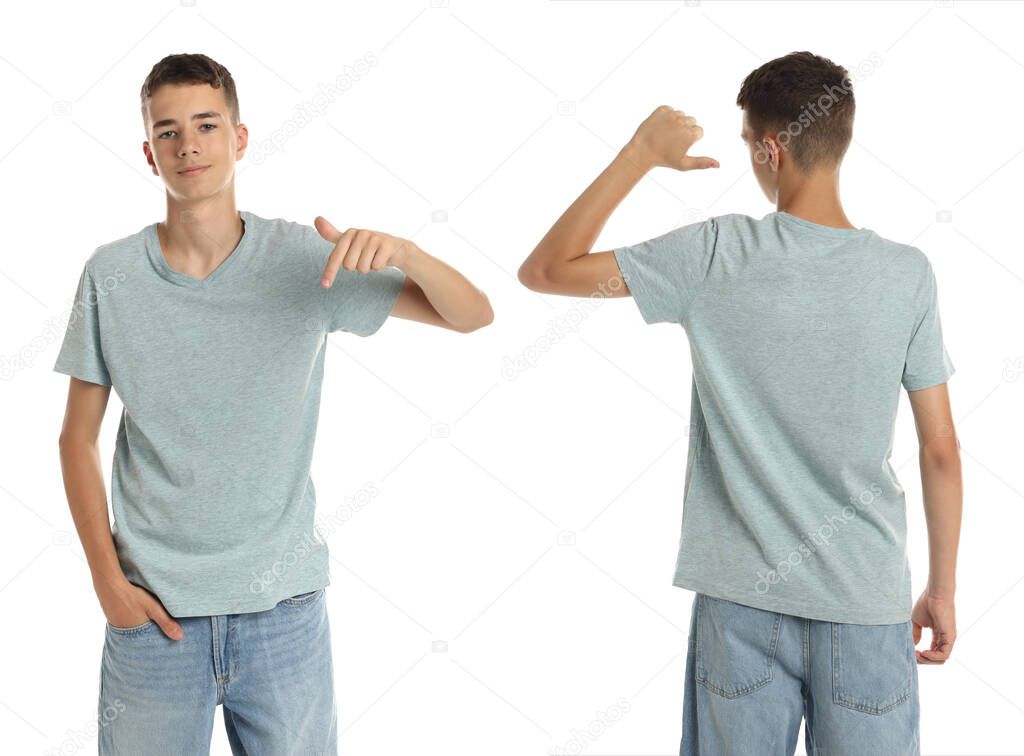 Teenage boy wearing light grey t-shirt on white background, collage of photos. Front and back views