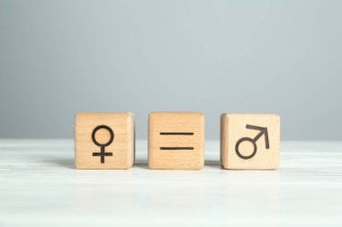 Cinsiyet eşitliği kavramı. Beyaz masada erkek ve kadın sembolleri olan küpleri.