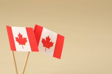 Bej arka planda Kanada 'nın küçük kağıt bayrakları, yakın plan. Metin için boşluk