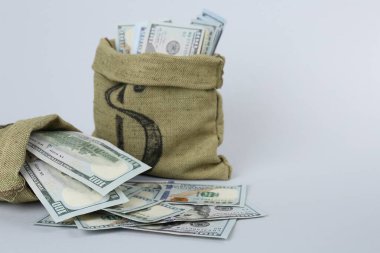 Gri arkaplandaki çantalarda dolar banknotları, metin için boşluk