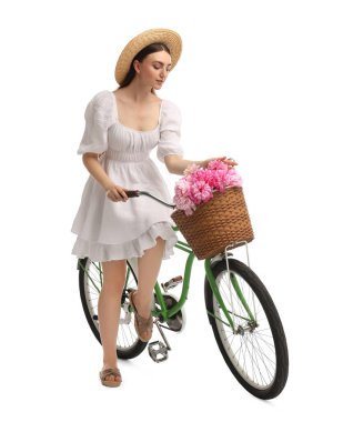 Bisikletli ve şakayık çiçekli güzel bir kadın.