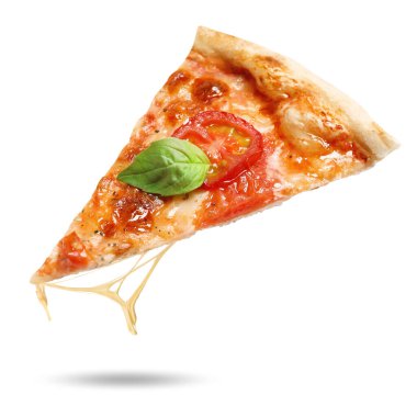 Slice of delicious pizza in air on white background clipart