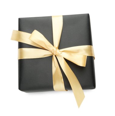 Altın saten yay ile hediye kutusu beyaz, üst görünüm izole