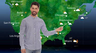 Weather broadcaster presenting forecast against map of USA clipart